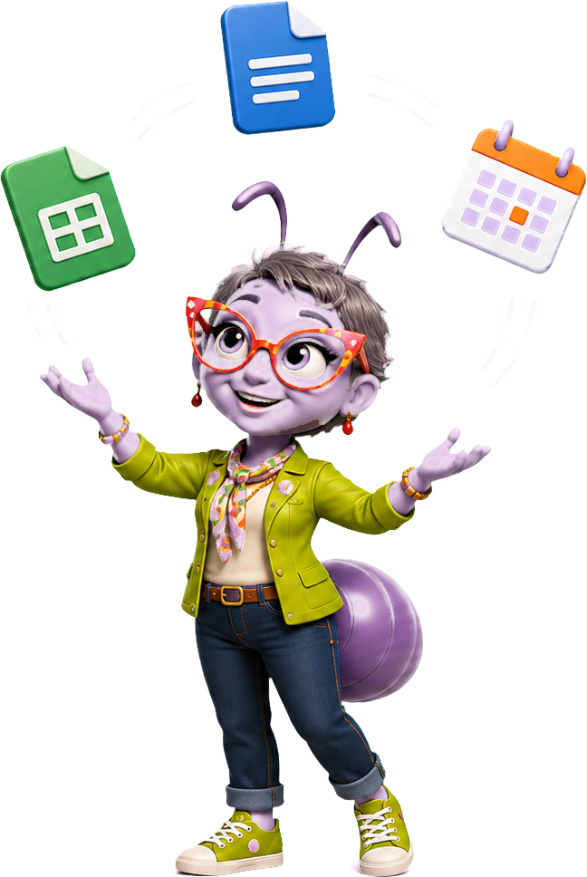 Martine jongle avec des icônes de tableur, document et calendrier