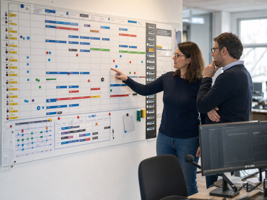 Photo de responsables qui réévaluent la disponibilité et la continuité sur un planning d'équipe mural