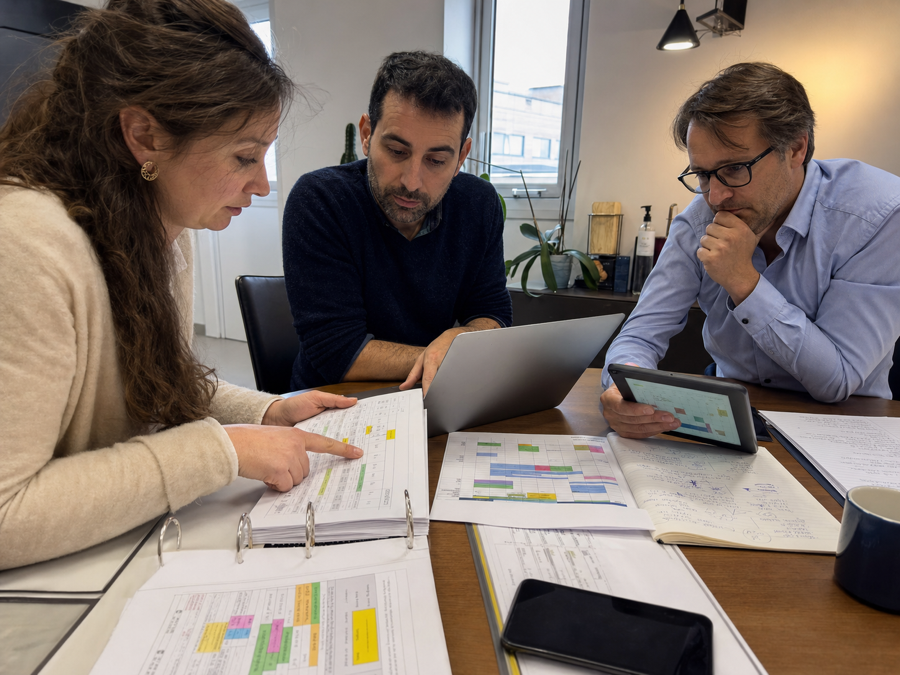 Photo d'une coordinatrice qui compare plusieurs fichiers de planning